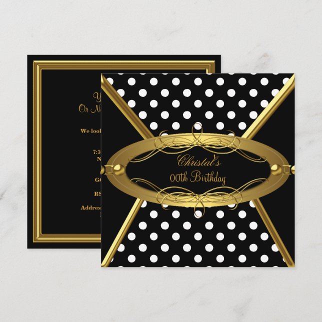 Birthday Party Gold Black White Polka Dot Invitation (Front/Back)