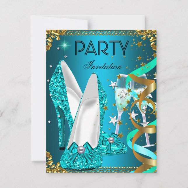 Birthday Party Gold Blue Shoes Invitation (Front)