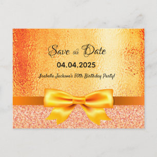 Birthday party gold bow save the date postcard