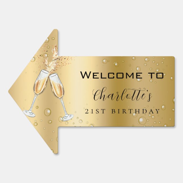 Birthday party gold bubbles cheers name arrow sign (Front)
