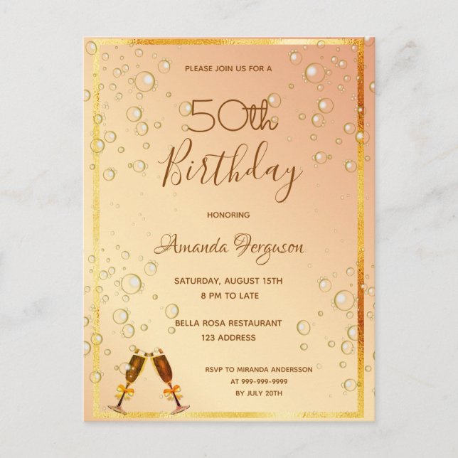 Birthday party gold bubbles invitation postcard (Front)