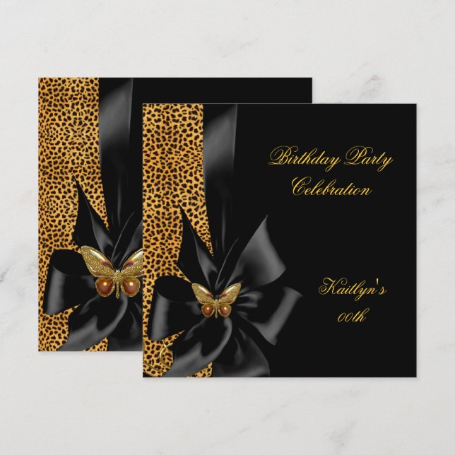 Birthday Party Gold Cheetah Black Butterfly Invitation (Front/Back)