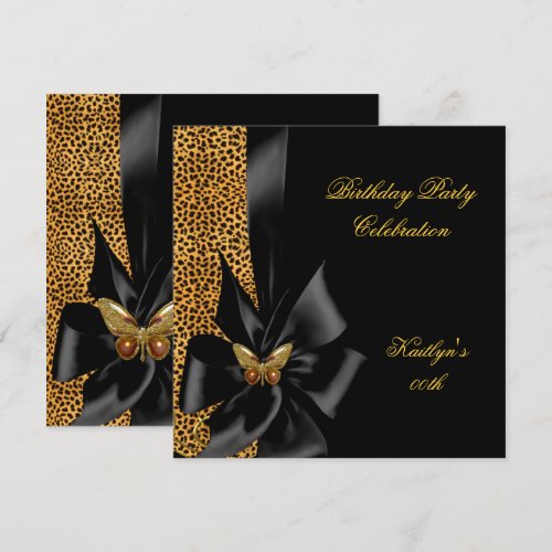Birthday Party Gold Cheetah Black Butterfly Custom Announcements