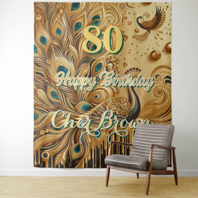 Birthday Party Gold Dripping | Glitter Peacock Tapestry (In Situ)