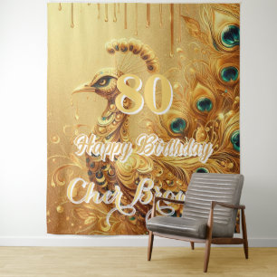 Birthday Party Gold Dripping Glitter Peacock Tapestry