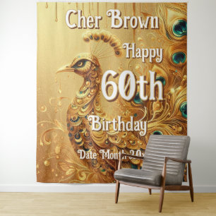 Birthday Party Gold Dripping Glitter Peacock Tapestry