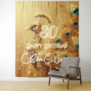 Birthday Party Gold Dripping Glitter Peacock Tapestry