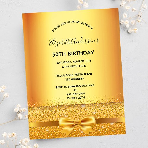 Birthday party gold elegant bow invitation postcard