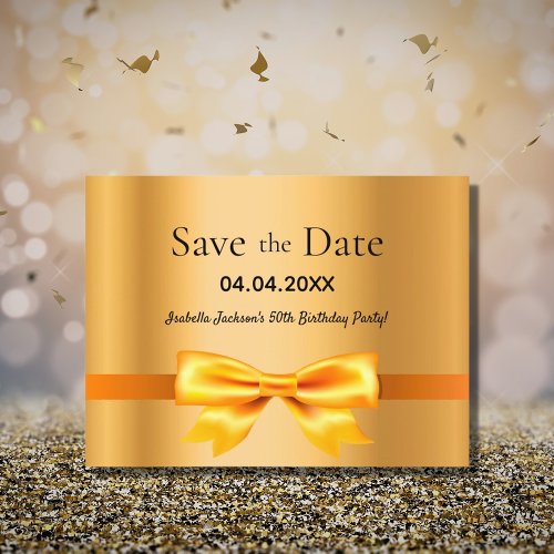 Birthday party gold elegant bow Save the Date Postcard