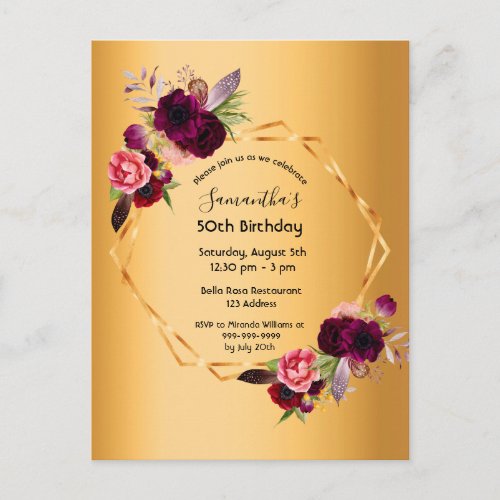 Birthday party gold floral luxury invitation postcard