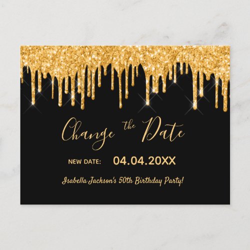 Birthday party gold glitter black change the date postcard