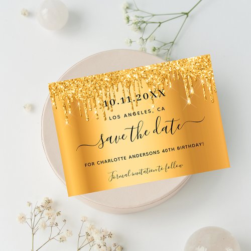 Birthday party gold glitter drips save the date announcement postcard