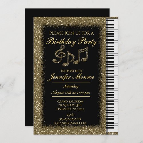 Birthday Party Gold Glitter Piano Invitation