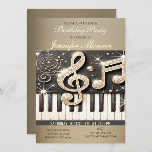 Birthday Party Gold Glitter Piano Invitation