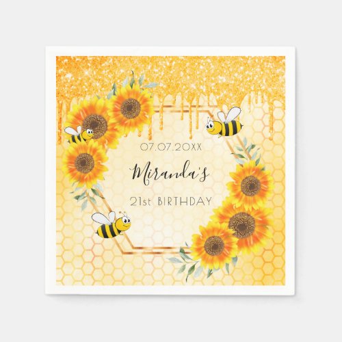 Birthday party gold glitter rustic sunflowers bees napkins