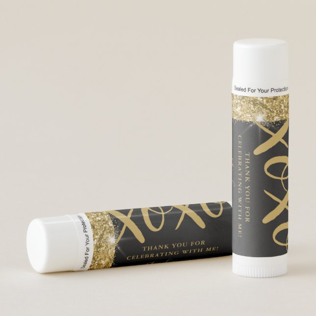 Birthday Party Gold Glitter XOXO Personalized Lip Balm (Front)