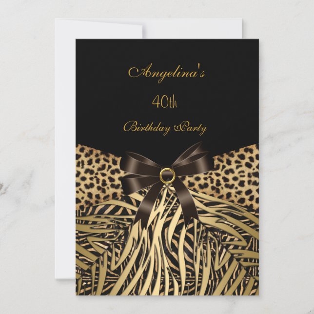 Birthday Party Gold Leopard Brown Black Bow Invitation (Front)