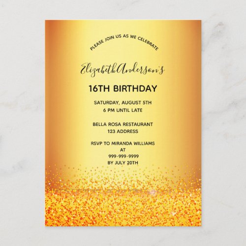 Birthday party gold metal glam invitation postcard
