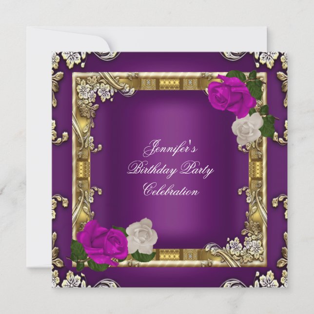 Birthday Party Gold Purple Plum Cream Rose Invitation (Front)