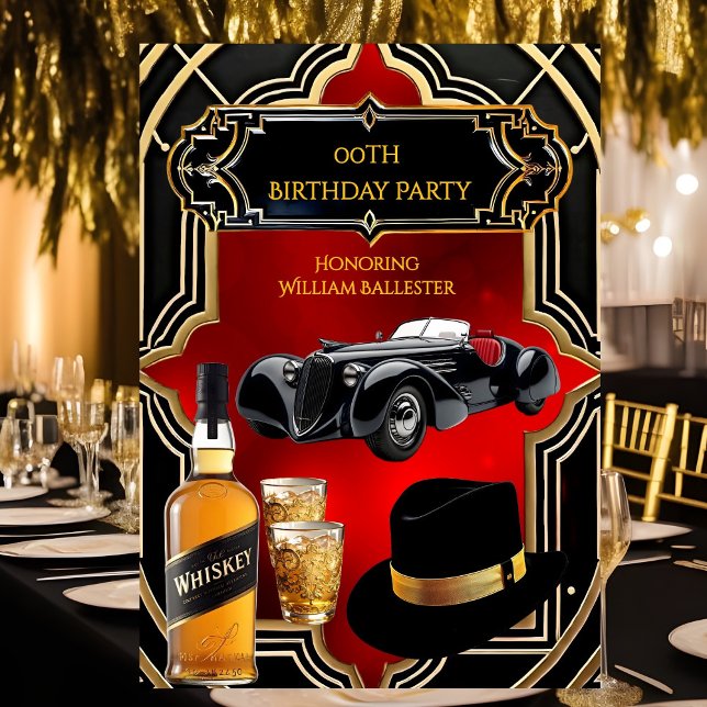 Birthday Party Gold Red Black 1930s Car Whiskey Invitation (Creator Uploaded)