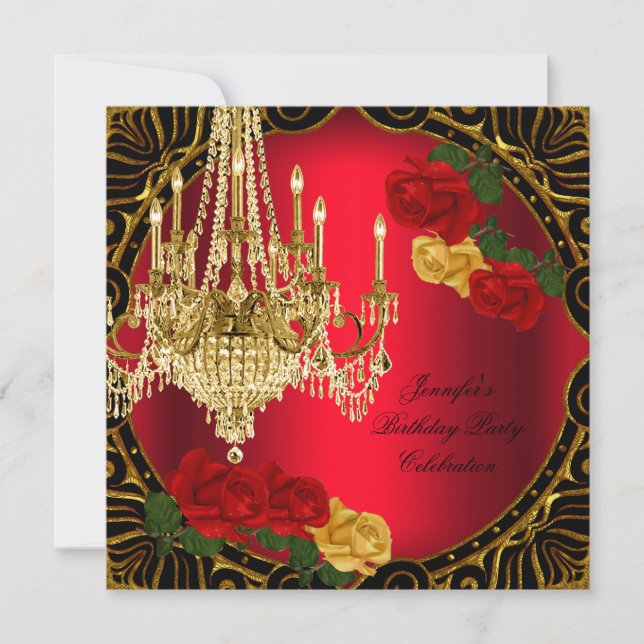 Birthday Party Gold Red Yellow Rose Chandelier Invitation (Front)