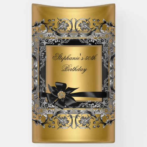 Birthday Party Gold Silver Black Bow Banner