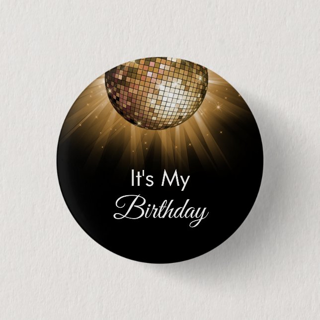 Birthday Party Gold Sparkle Disco Ball Button (Front)