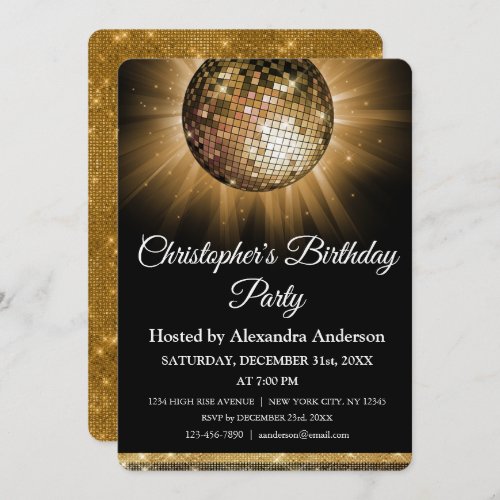 Birthday Party Gold Sparkle Disco Ball Invitation