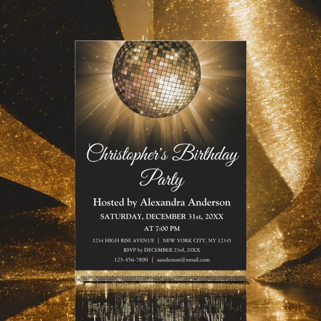 Birthday Party Gold Sparkle Disco Ball Invitation (Creator Uploaded)