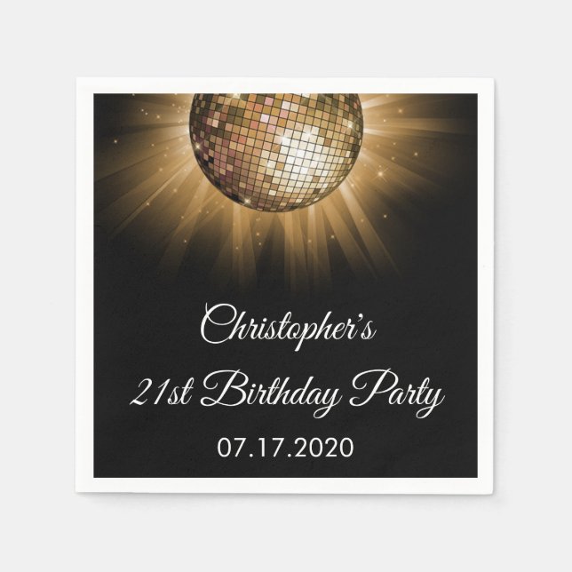 Birthday Party Gold Sparkle Disco Ball Paper Napkins (Front)