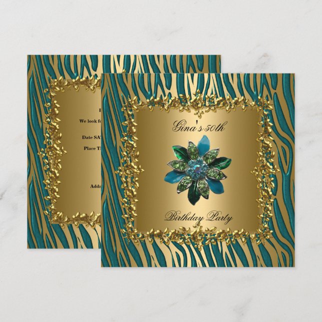 Birthday Party Gold Teal Blue Floral Womens 50th Invitation (Front/Back)