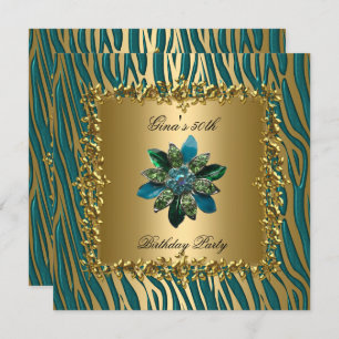Birthday Party Gold Teal Blue Floral Womens 50th Invitation