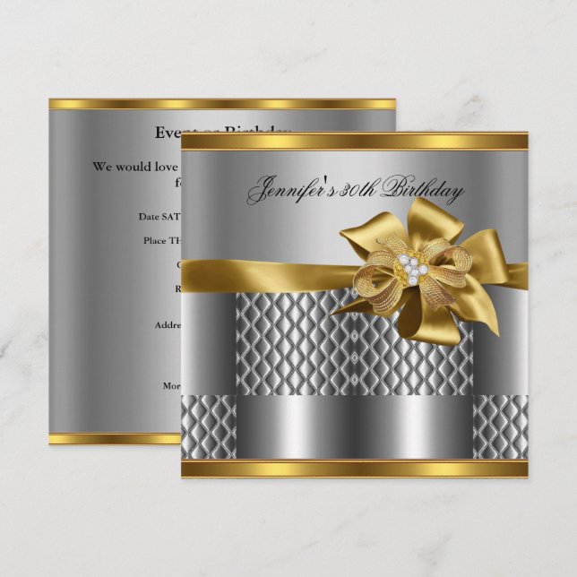Birthday Party Gold Tile Trim Silver Grey Diamond Invitation (Front/Back)