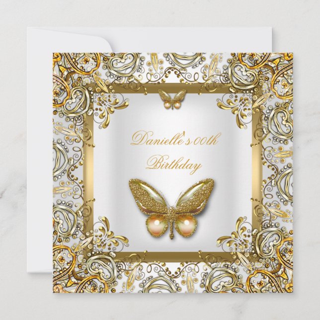 Birthday Party Gold White Butterfly Lace Image Invitation (Front)