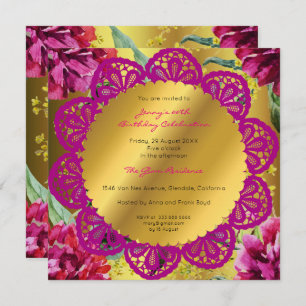 Birthday Party Golden Floral Peony Pink Green Invitation