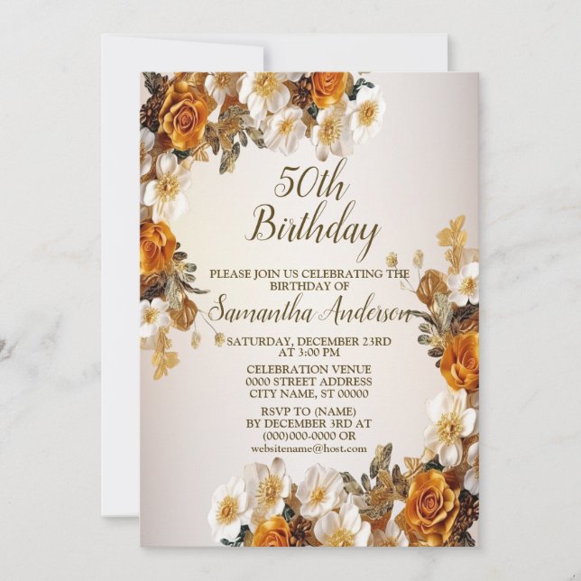 Birthday Party Golden Orange White Flowers Rustic Invitation (Front)