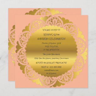 Birthday Party Golden Peach Pastel Lace Glam Invitation