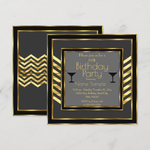 Birthday Party Gray Black Gold Art Deco Martini Invitation