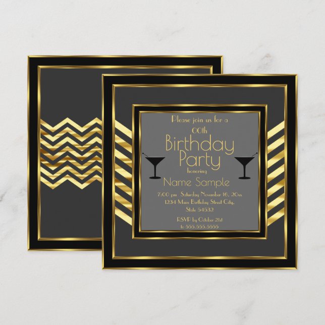 Birthday Party Gray Black Gold Art Deco Martini Invitation (Front/Back)