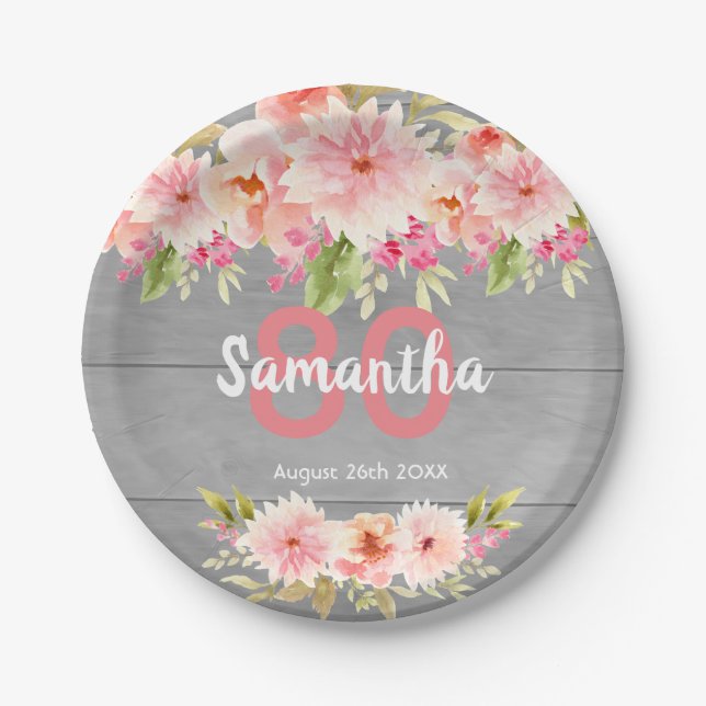 Birthday party gray wood blush florals paper plates (Front)