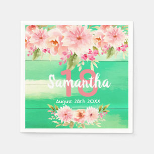 Birthday party green rustic wood pink florals napkins
