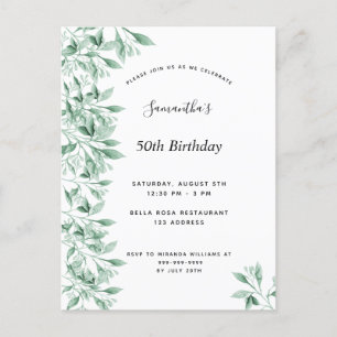 Birthday party green white botanical floral modern invitation postcard