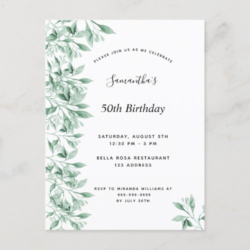 Birthday party green white botanical floral modern invitation postcard