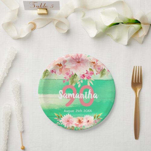 Birthday party green wood blush florals paper plates