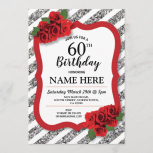 Birthday Party Grey Red Roses Silver Glitter 60th Invitation