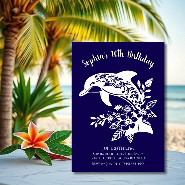 Birthday Party-Hawaiian Dolphin Tropical Flowers Invitation (Hawaiian Dolphin, Flippin Fabulous, Islander Summer, Beach, Fisherman Trend, wine tumbler,)