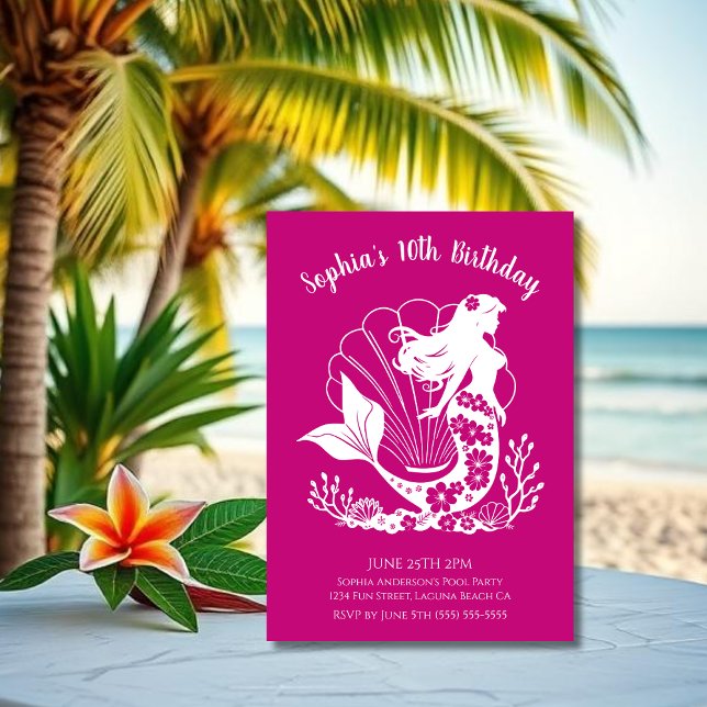 Birthday Party-Hawaiian Mermaid Invitation (Hawaiian Mermaid Tropical Flowers Sea Shells Coral, Summer Beach, Fisherman Style Birthday )