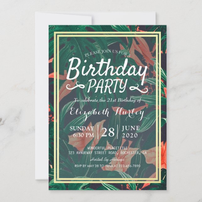 Birthday Party Hawaiian Tropical Floral Gold Frame Invitation (Front)