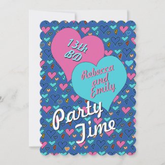 Birthday Party Hearts Teen Twins Custom Invitation