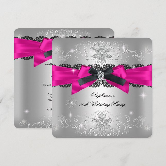 Birthday Party Hot Pink Black Bow Glitter Silver 2 Invitation (Front/Back)